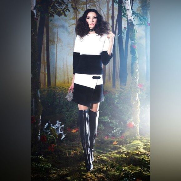 Alice + Olivia Lennon Skirt Crossover Asymmetrical Angle Lambskin Ivory Black - Picture 1 of 8